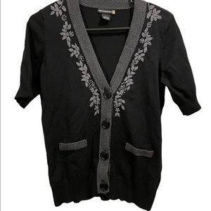 Sweaterworks Fitted Short Sleeve Black and Gray Eclectic Embroidered Cardigan
